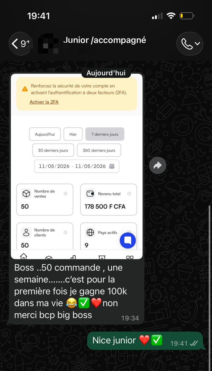Preuve — 178 500 FCFA en 1 semaine